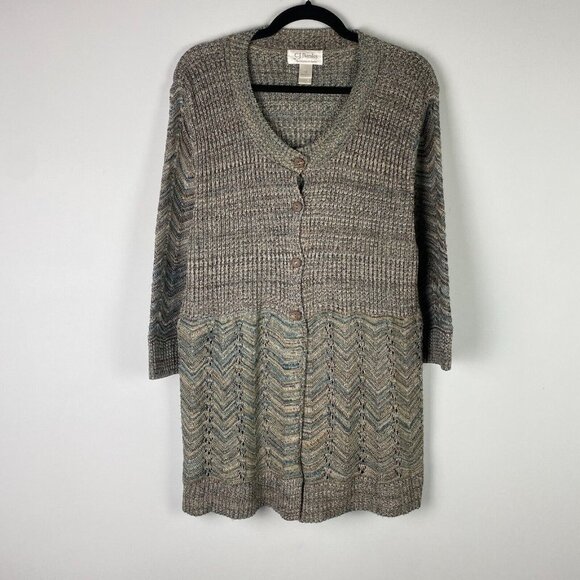 CJ Banks Knit Cardigan Sweater Womens 1X Gray Tan 3/4 Sleeves Button Up - Picture 1 of 10